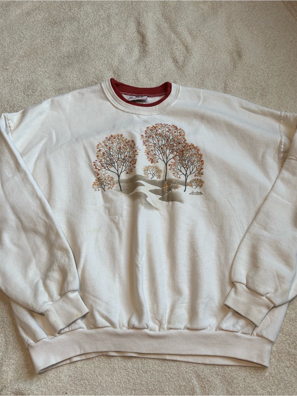 White Crewneck Sweater with Fall Tree Graphic